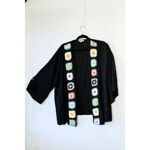 Calista Black cardigan granny square crochet trim open Kimono top M